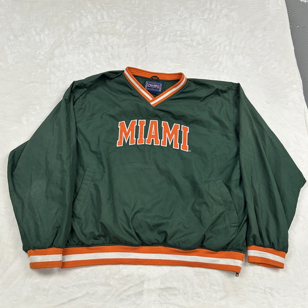 Champs Windbreaker Pullover Mens XL Green Miami Hurricanes Vintage V-Neck